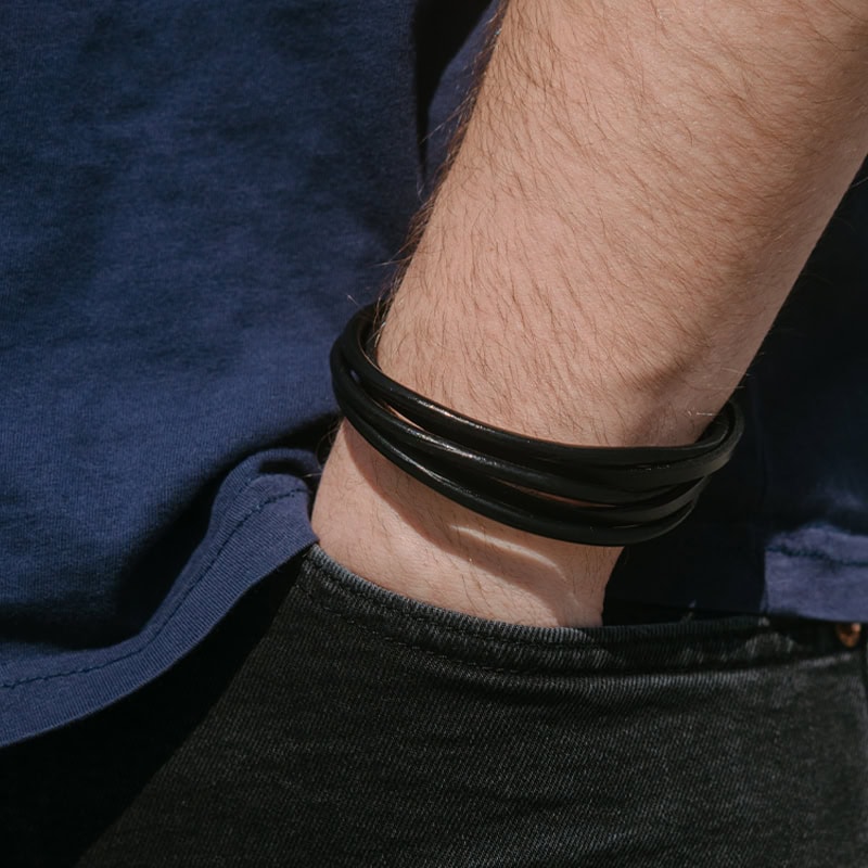 Forclet Minimalista Fekete nemesacél és többsoros bőr karkötő - Image 2